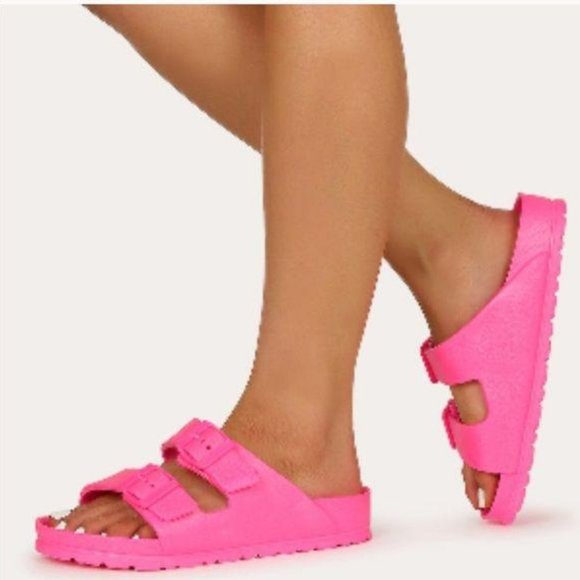 pink double buckle sandals